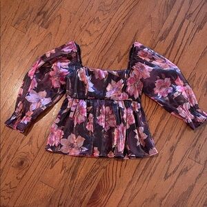 Floral Square-Neck Peplum Blouse - Pink on Black